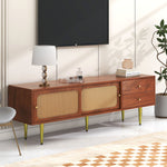 TV Stand with Rattan Sliding Doors & Drawers, Walnut