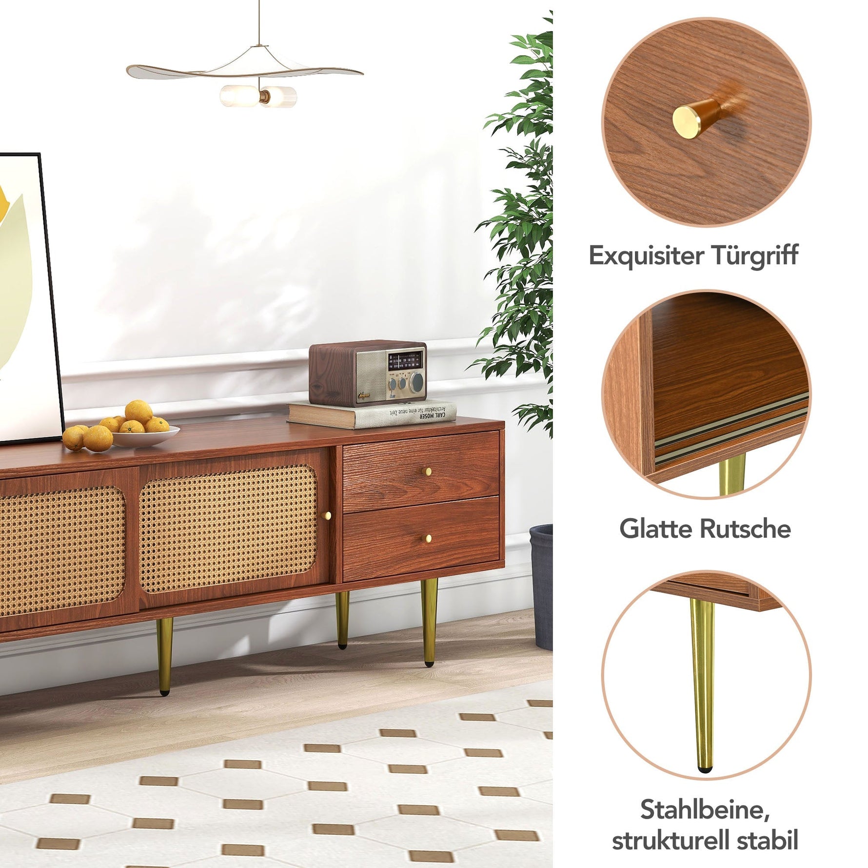 TV Stand with Rattan Sliding Doors & Drawers, Walnut