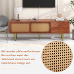 TV Stand with Rattan Sliding Doors & Drawers, Walnut