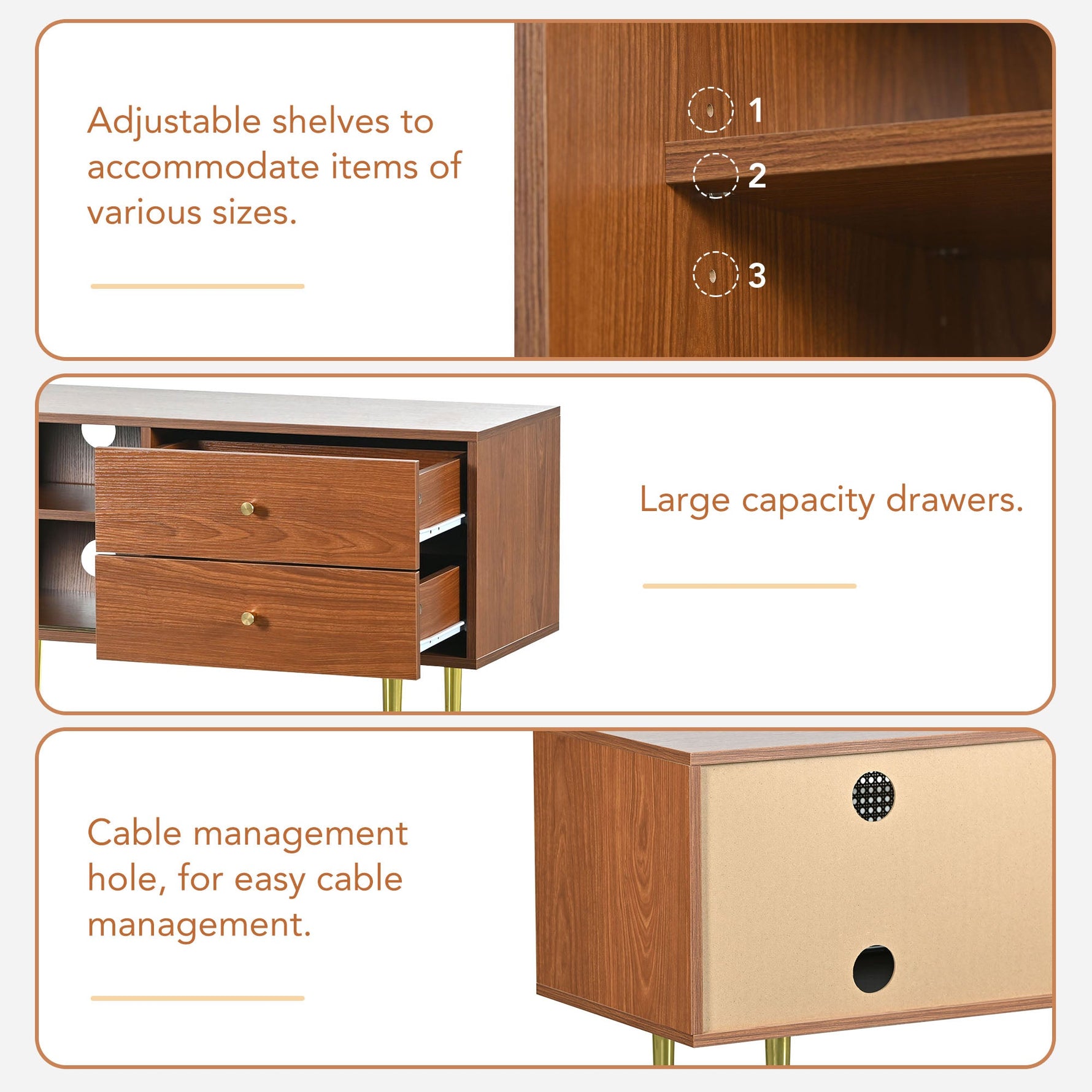 TV Stand with Rattan Sliding Doors & Drawers, Walnut