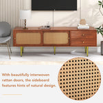 TV Stand with Rattan Sliding Doors & Drawers, Walnut