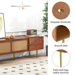 TV Stand with Rattan Sliding Doors & Drawers, Walnut