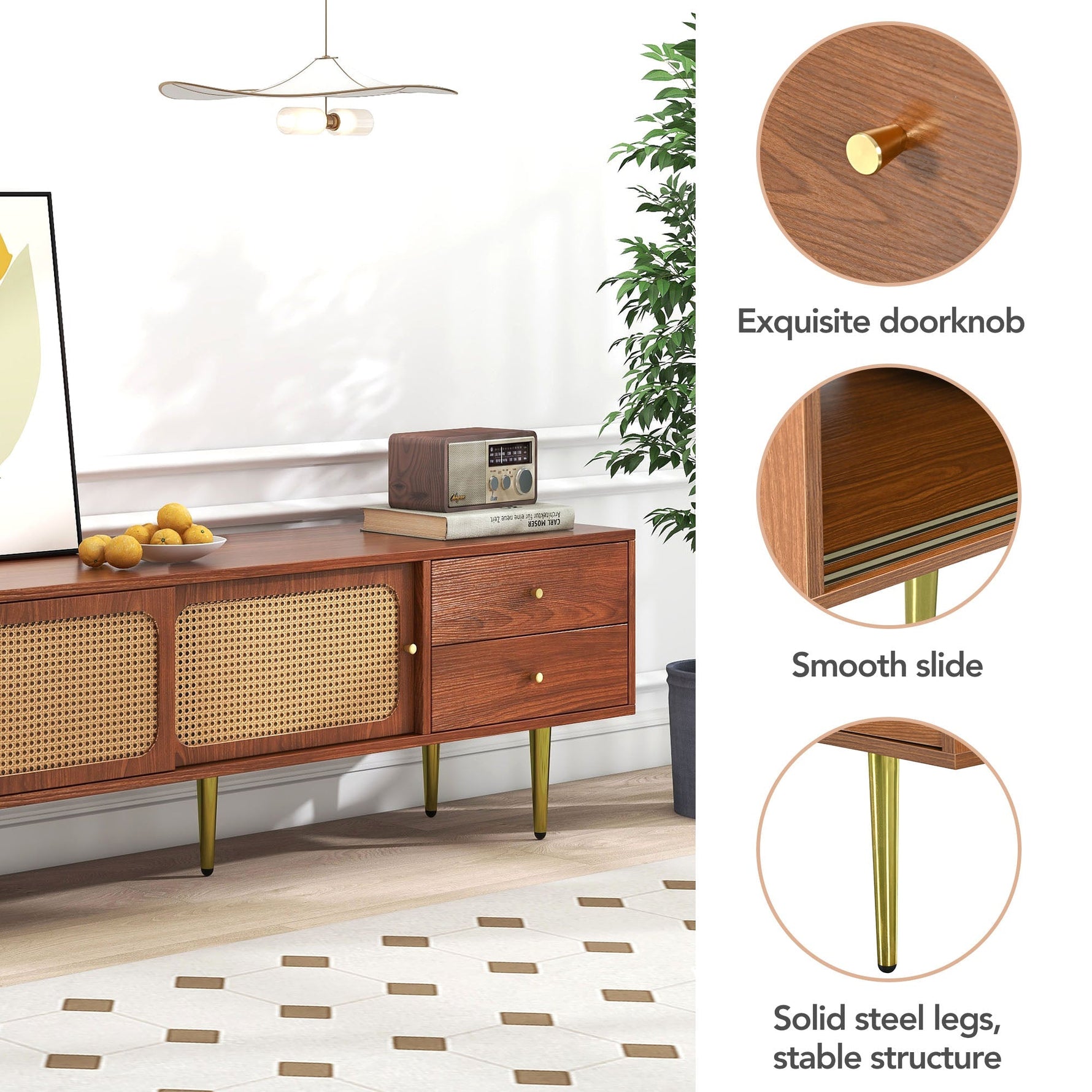 TV Stand with Rattan Sliding Doors & Drawers, Walnut