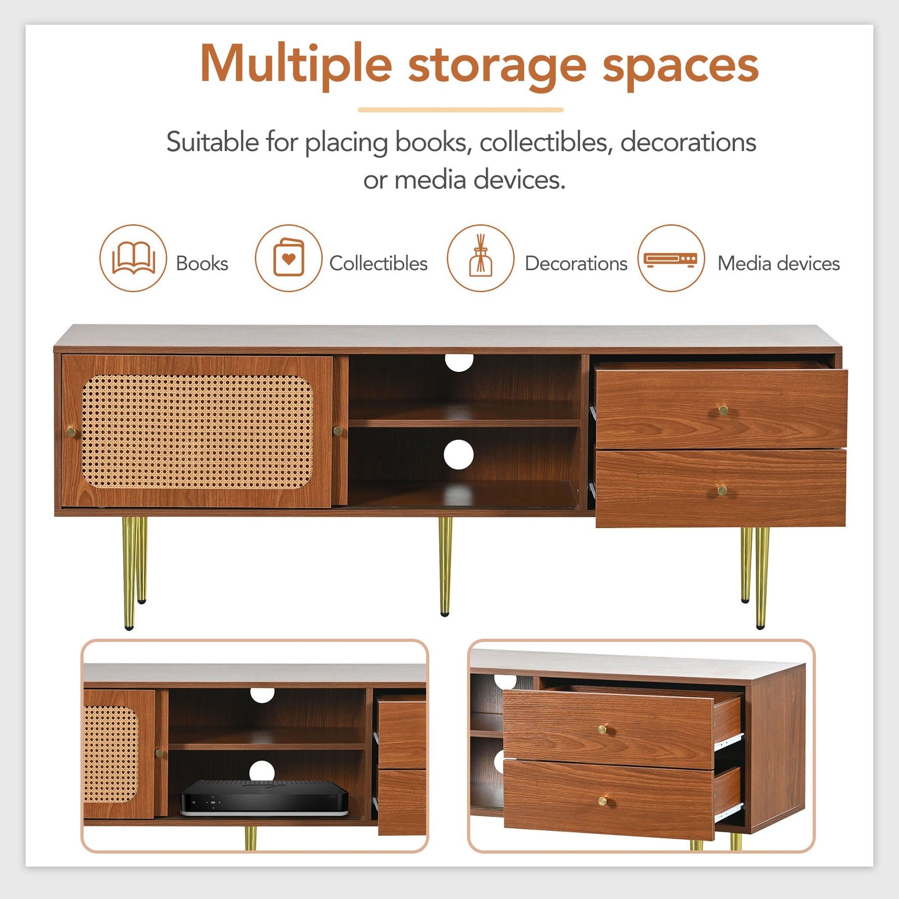 TV Stand with Rattan Sliding Doors & Drawers, Walnut