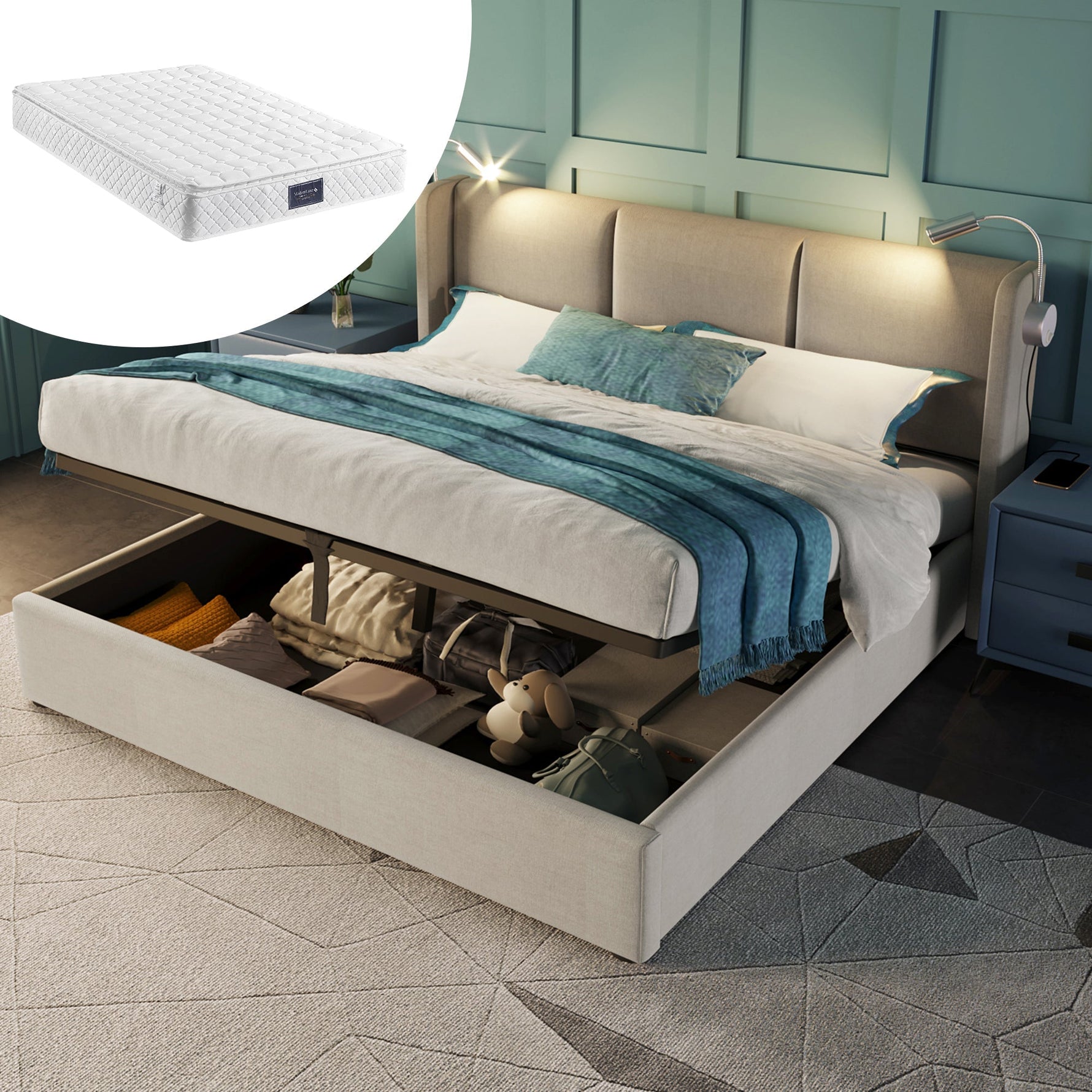 Upholstered Bed 140x200 Storage USB Reading Light, Linen Fabric