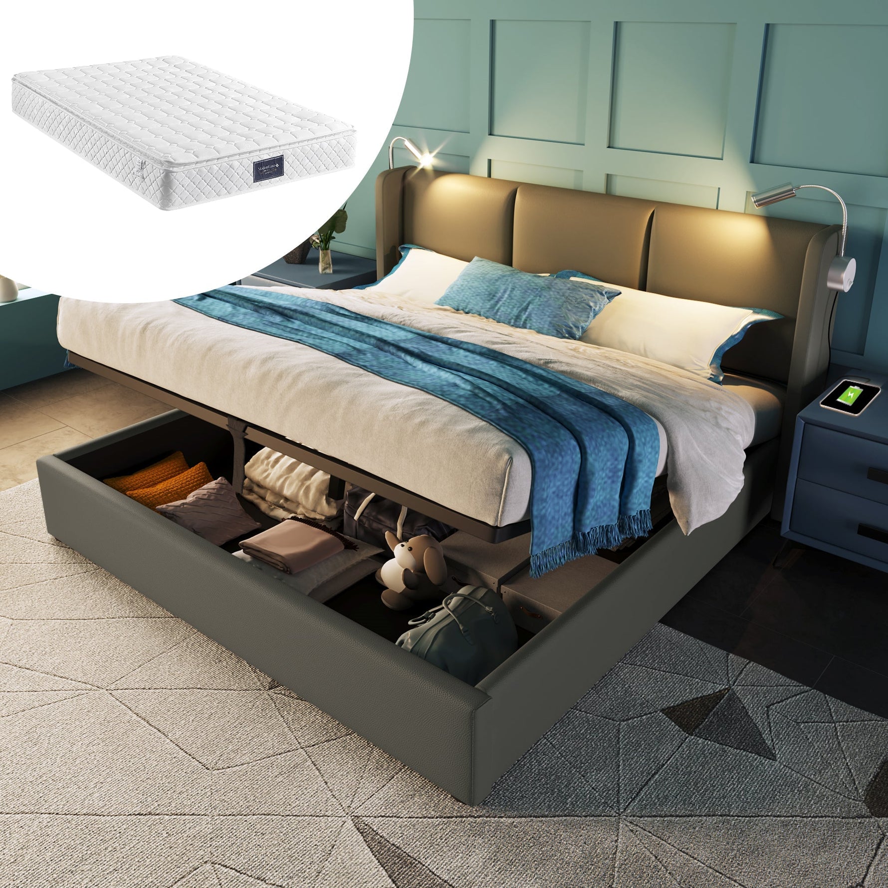 Upholstered Double Bed 160x200 Storage Reading Light Headboard PU
