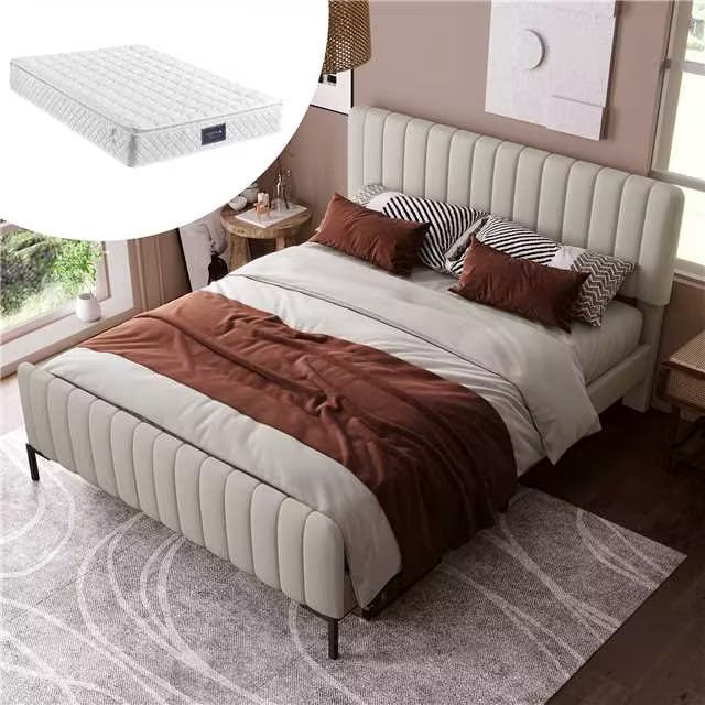 Upholstered Bed, 160x200cm, Adjustable Headboard, Grey-Beige Linen