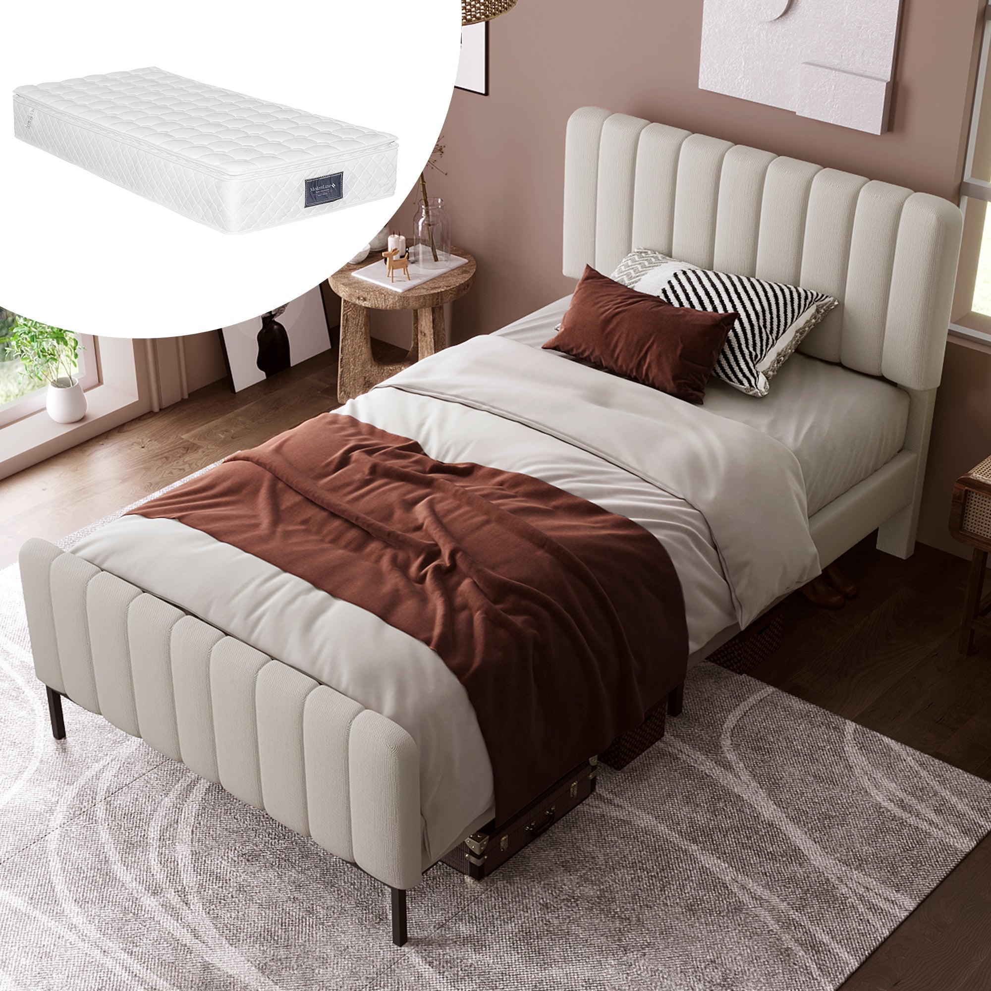 Upholstered Single Bed, 90x200cm Adjustable Headboard, Grey-Beige Linen