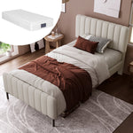 Upholstered Single Bed, 90x200cm Adjustable Headboard, Grey-Beige Linen