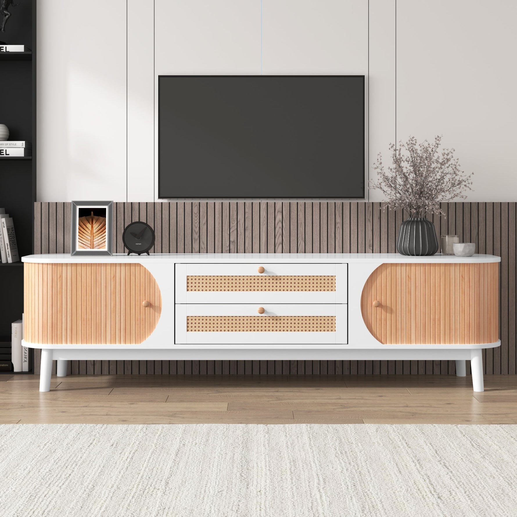TV Cabinet Wood Blend, Doors Drawers Rattan Sides, Natural Country Style