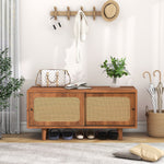Rattan Shoe Cabinet with Adjustable Shelf, 2 Doors, Walnut Finish