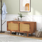 Rattan Shoe Cabinet with Adjustable Shelf, 2 Doors, Walnut Finish