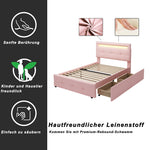 Upholstered Bed, Single with LED Lights & 2 Drawers, Linen Pink