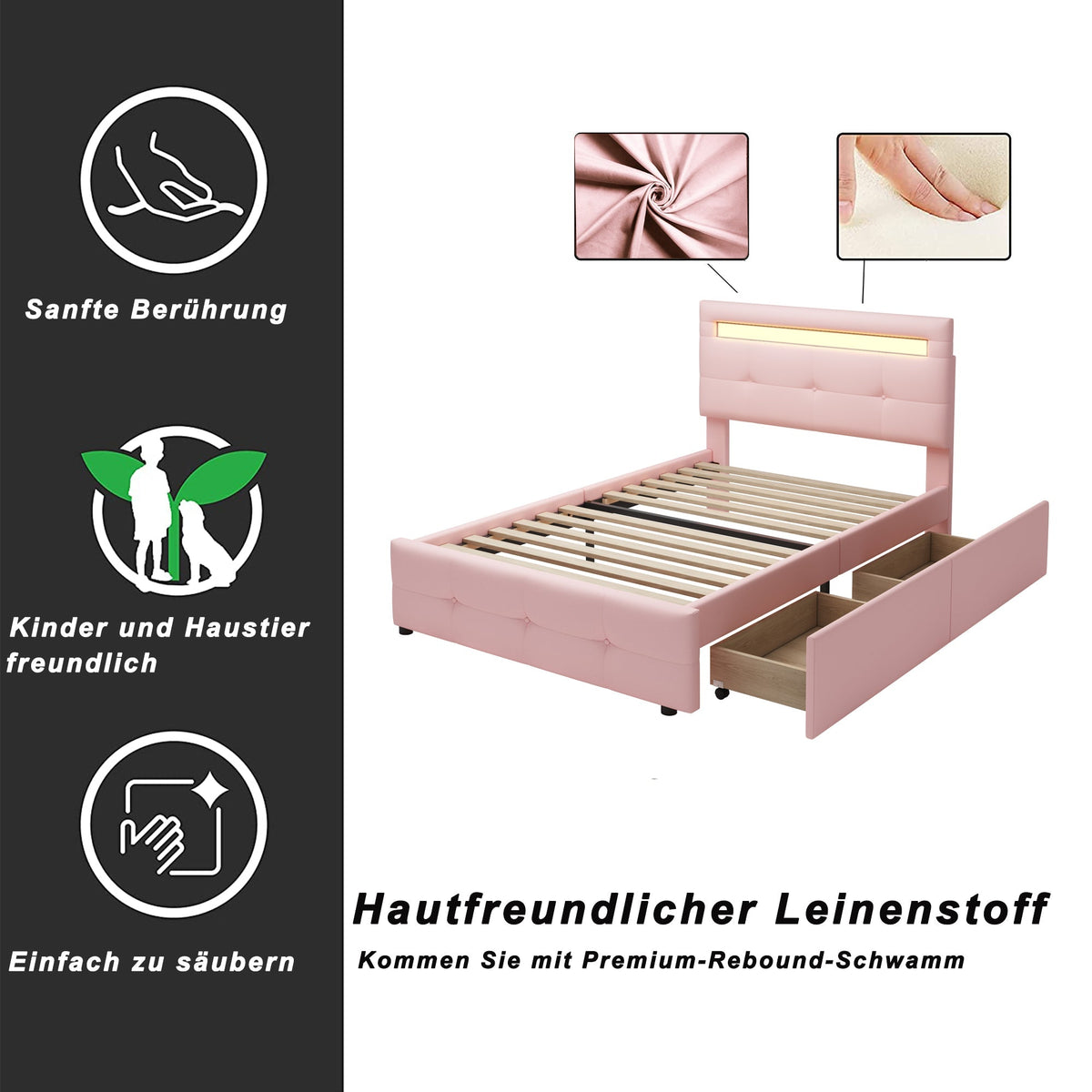 Upholstered Bed, Single with LED Lights & 2 Drawers, Linen Pink