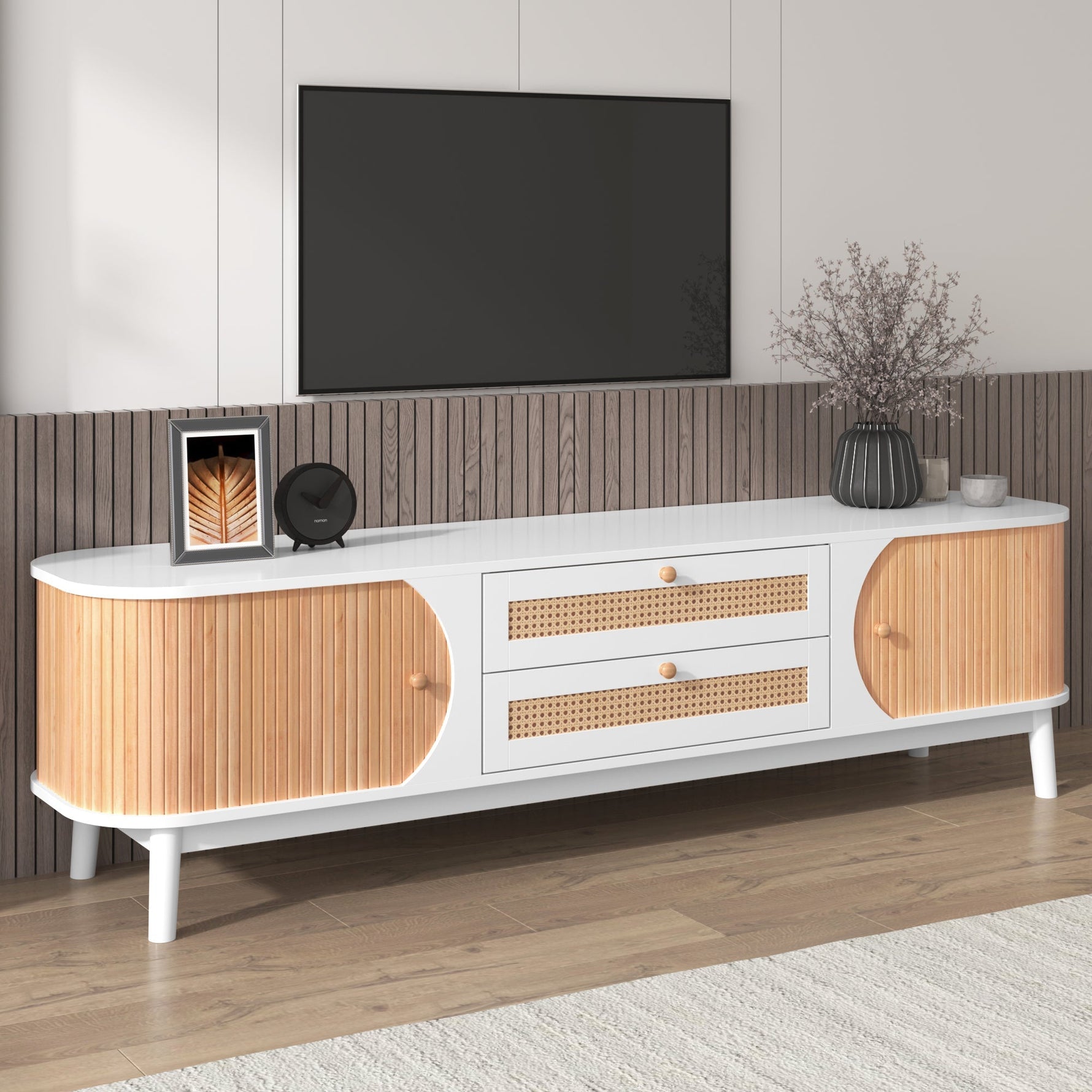 TV Cabinet Wood Blend, Doors Drawers Rattan Sides, Natural Country Style