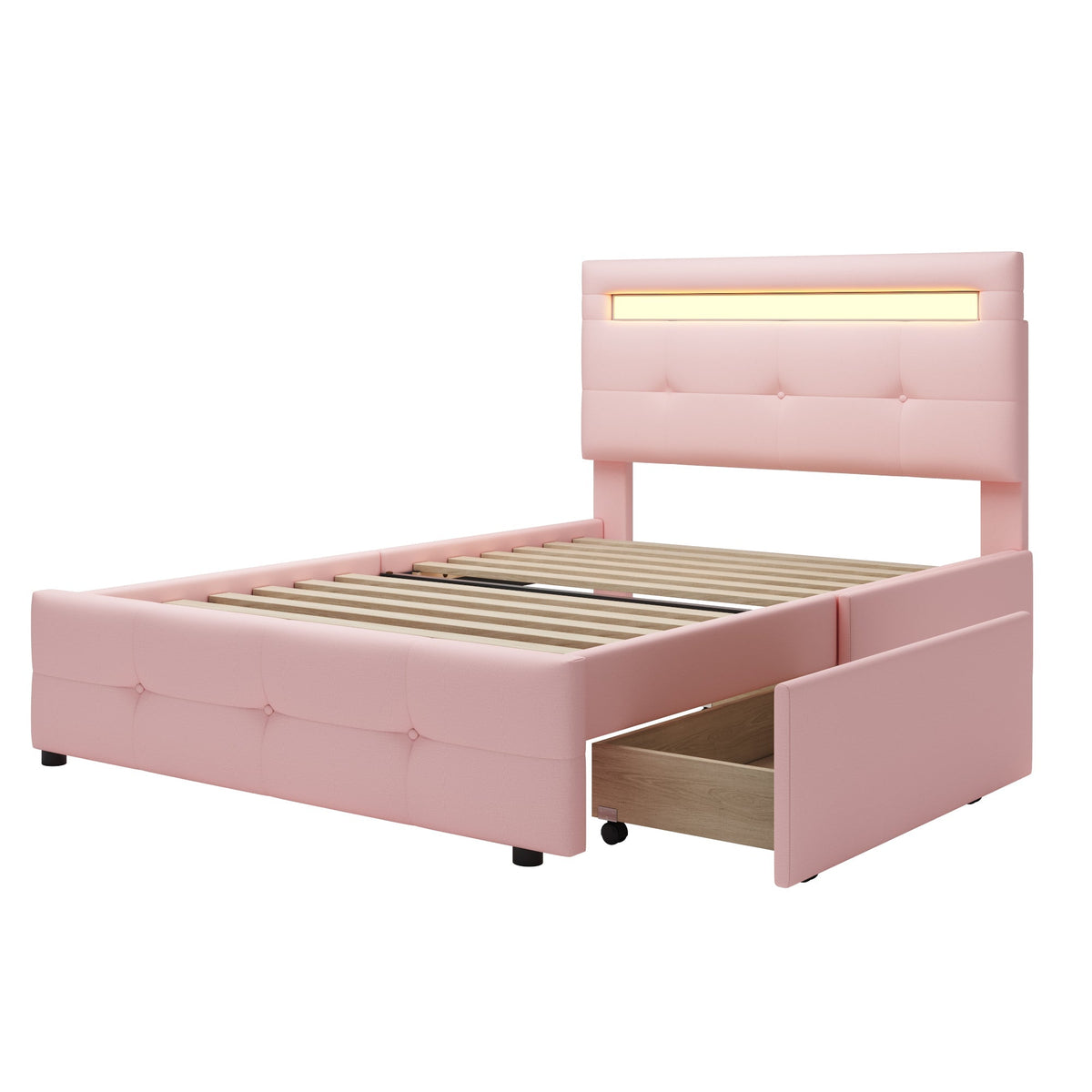 Upholstered Bed, Single with LED Lights & 2 Drawers, Linen Pink