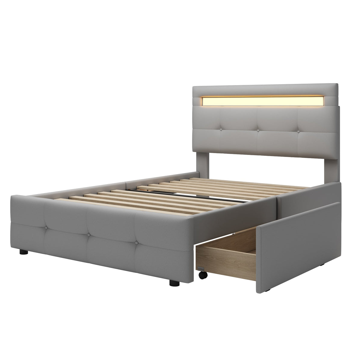 Upholstered Bed 90*200cm, LED Lights, 2 Drawers, Single Bed Linen Upholstery (Grey)