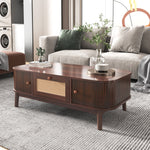 Coffee Table - Rattan, Drawers, Sliding Doors, Solid Wood, Natural Style
