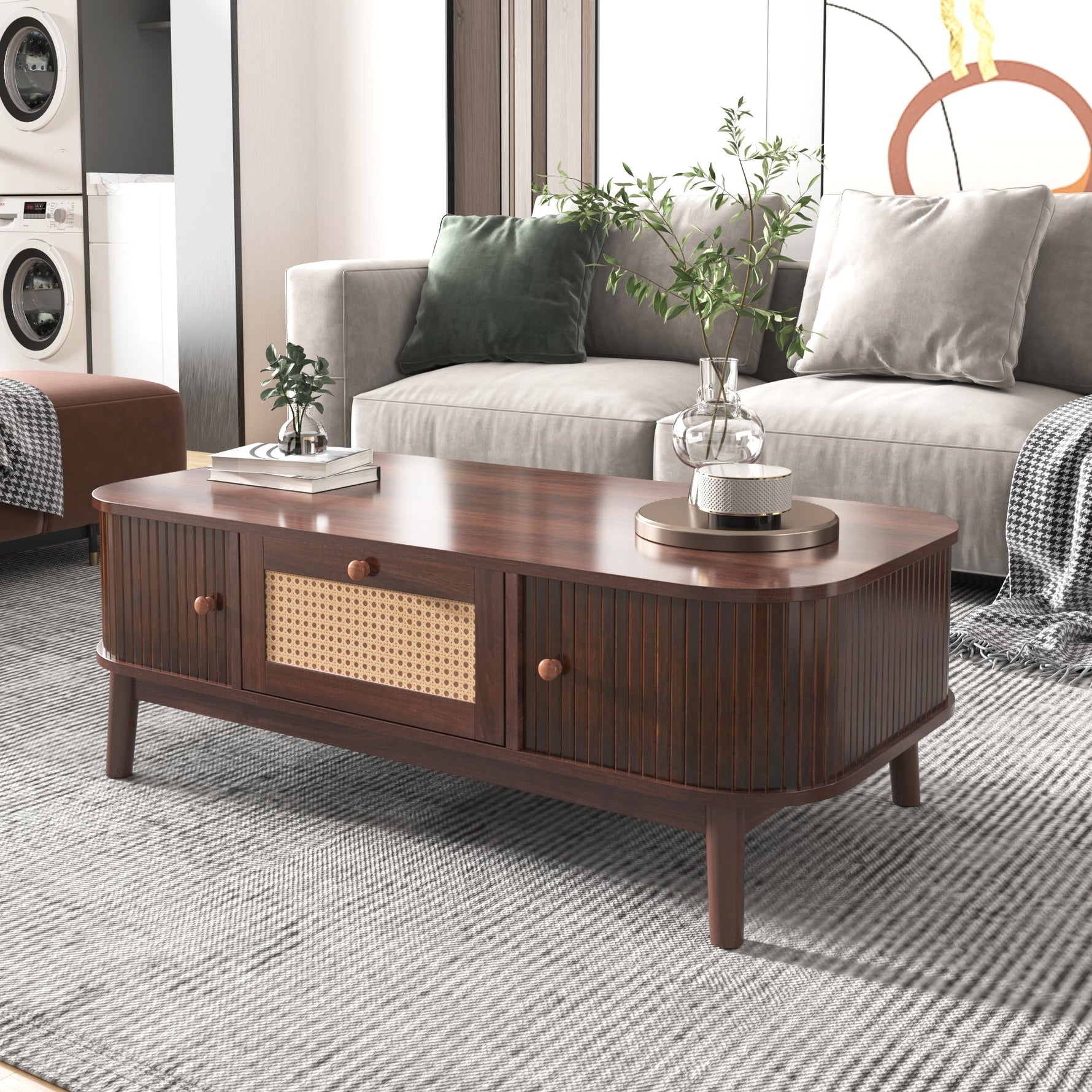 Coffee Table - Rattan, Drawers, Sliding Doors, Solid Wood, Natural Style