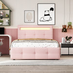 Upholstered Bed, Single with LED Lights & 2 Drawers, Linen Pink