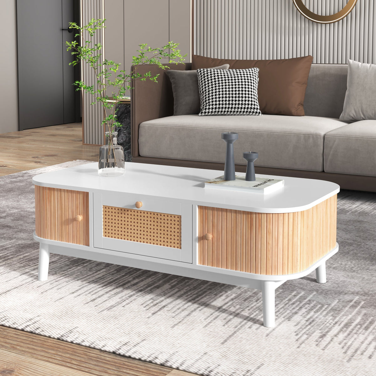 Coffee table rattan, drawers with rattan and solid wood slats, solid wood legs, natural country style.