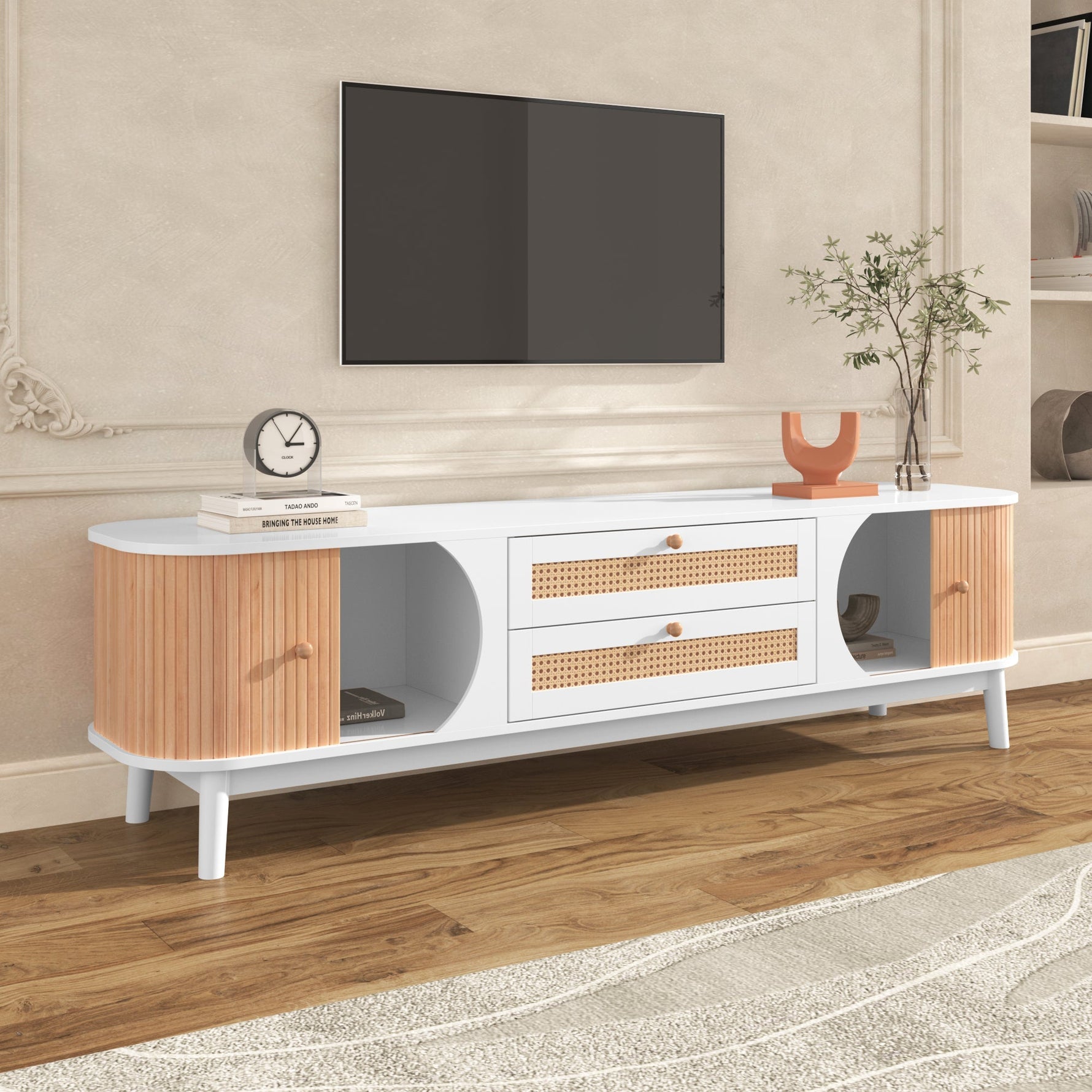 TV Cabinet Wood Blend, Doors Drawers Rattan Sides, Natural Country Style