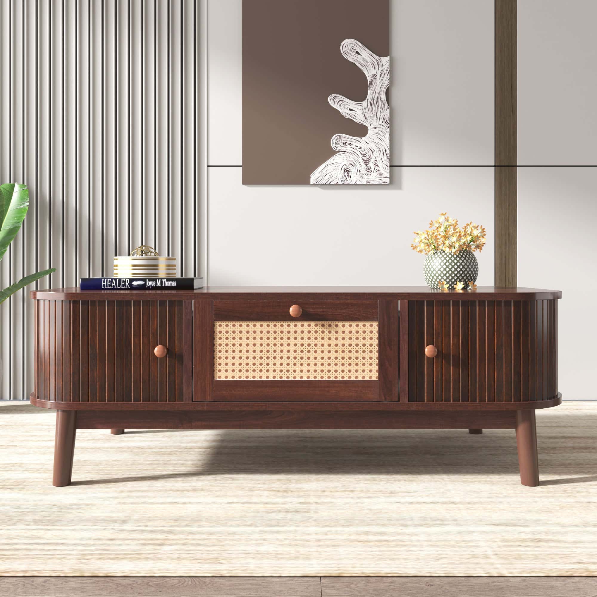 Coffee Table - Rattan, Drawers, Sliding Doors, Solid Wood, Natural Style