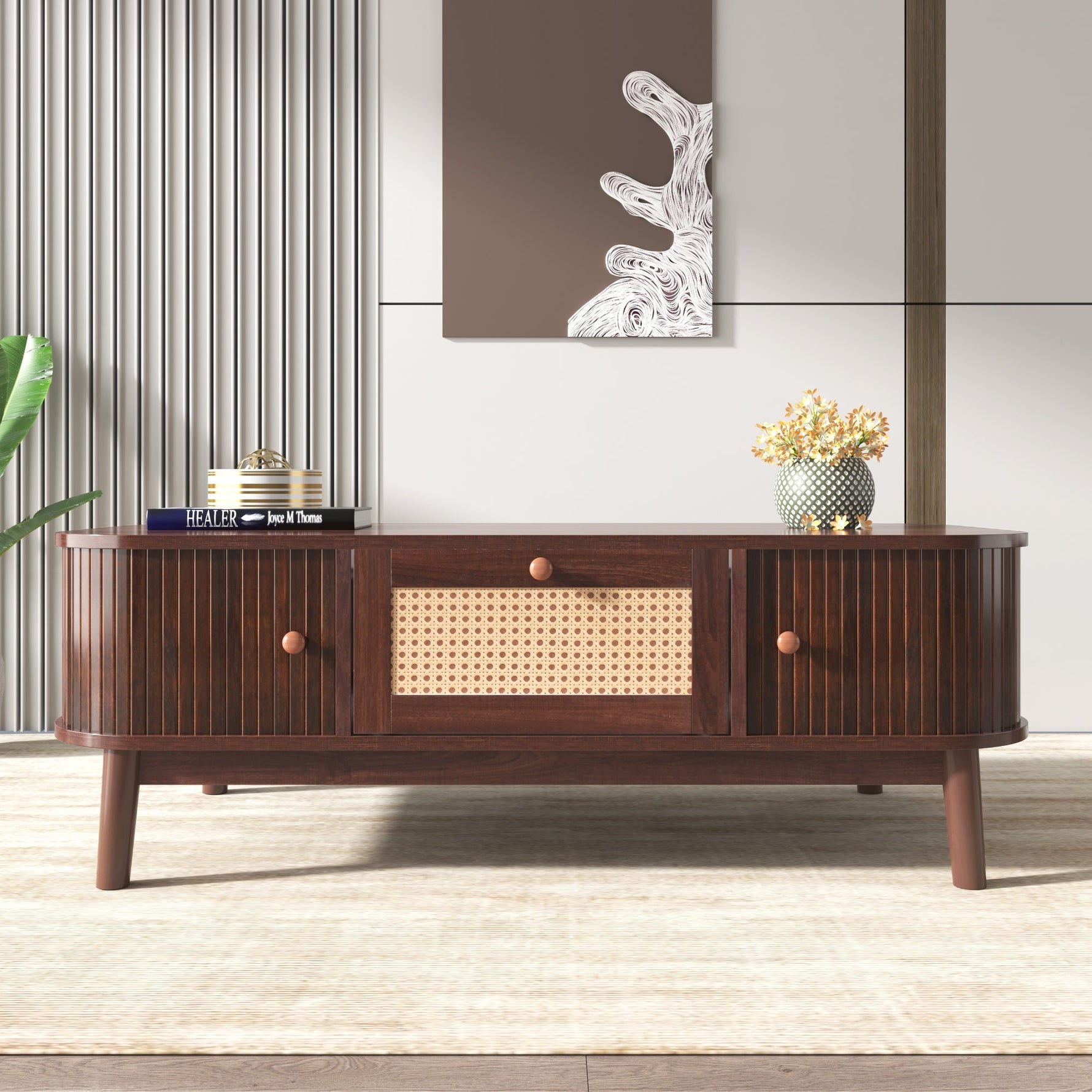 Coffee Table - Rattan, Drawers, Sliding Doors, Solid Wood, Natural Style