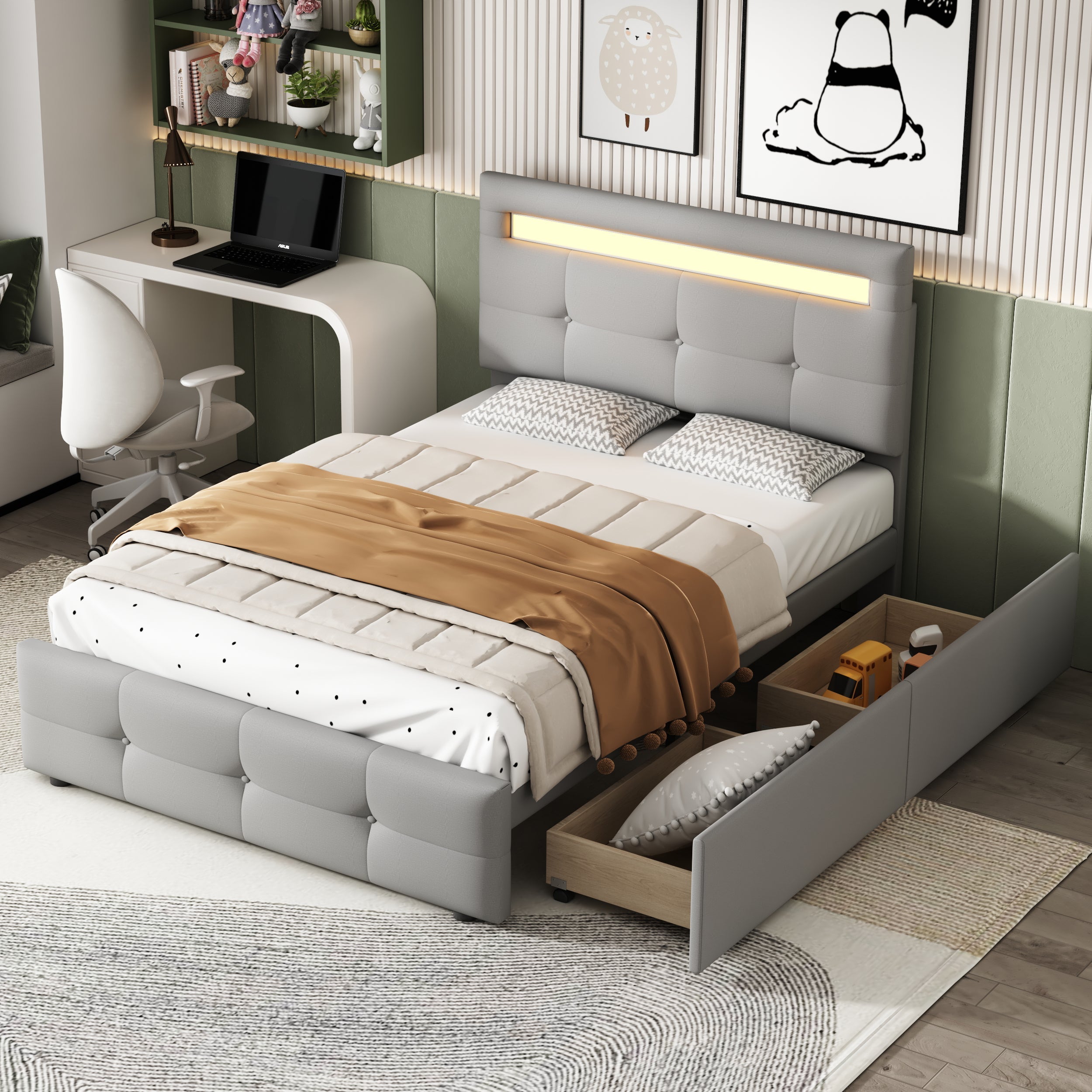 Upholstered Bed, 90x200cm, LED Lights, 2 Drawers, Linen Grey
