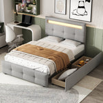 Upholstered Bed, 90x200cm, LED Lights, 2 Drawers, Linen Grey
