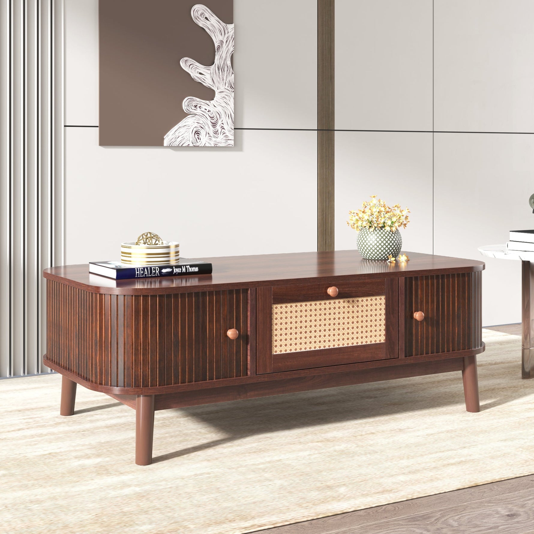 Coffee Table - Rattan, Drawers, Sliding Doors, Solid Wood, Natural Style