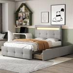 Upholstered Bed 90*200cm, LED Lights, 2 Drawers, Single Bed Linen Upholstery (Grey)