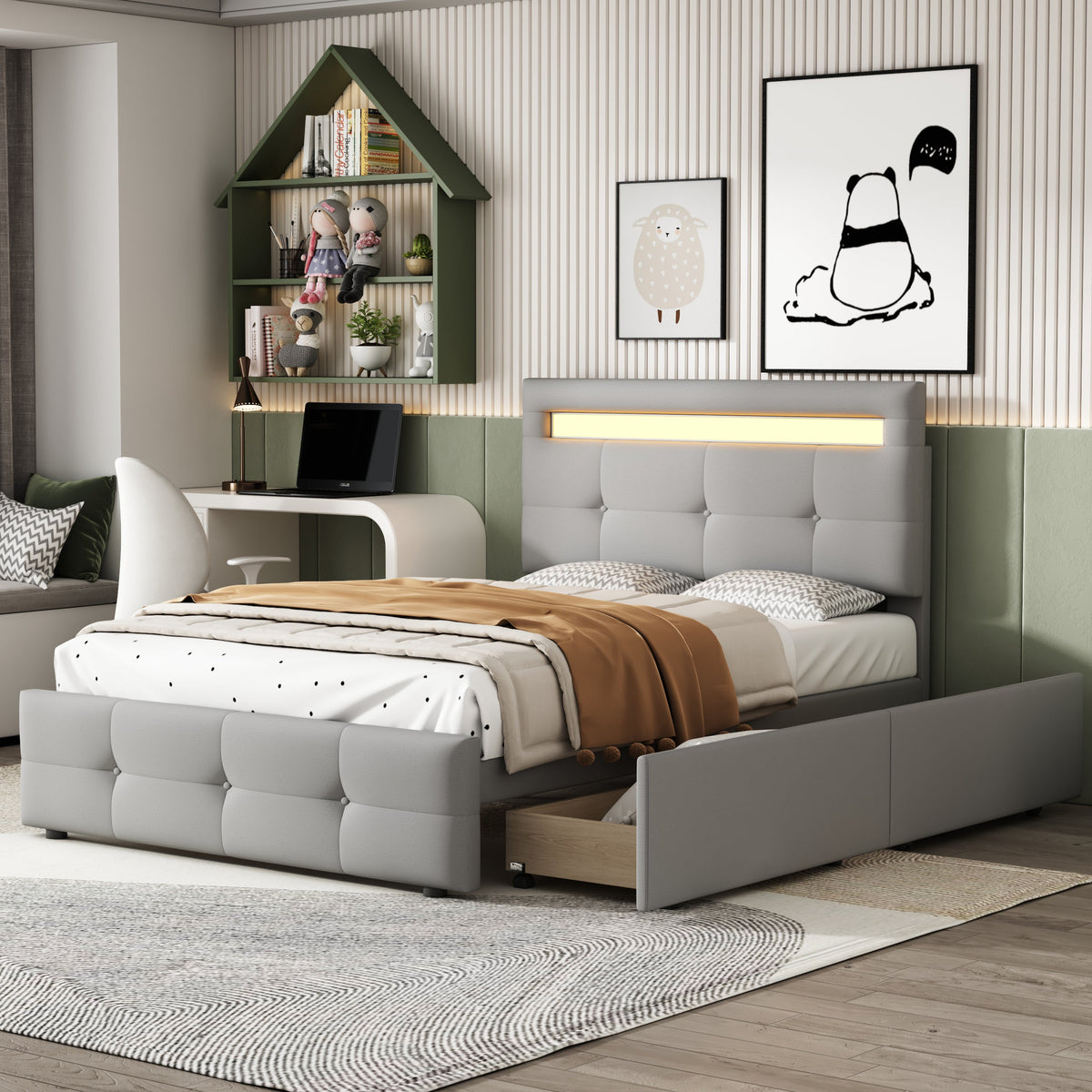 Upholstered Bed 90*200cm, LED Lights, 2 Drawers, Single Bed Linen Upholstery (Grey)
