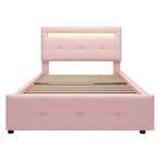Upholstered Bed, Single with LED Lights & 2 Drawers, Linen Pink