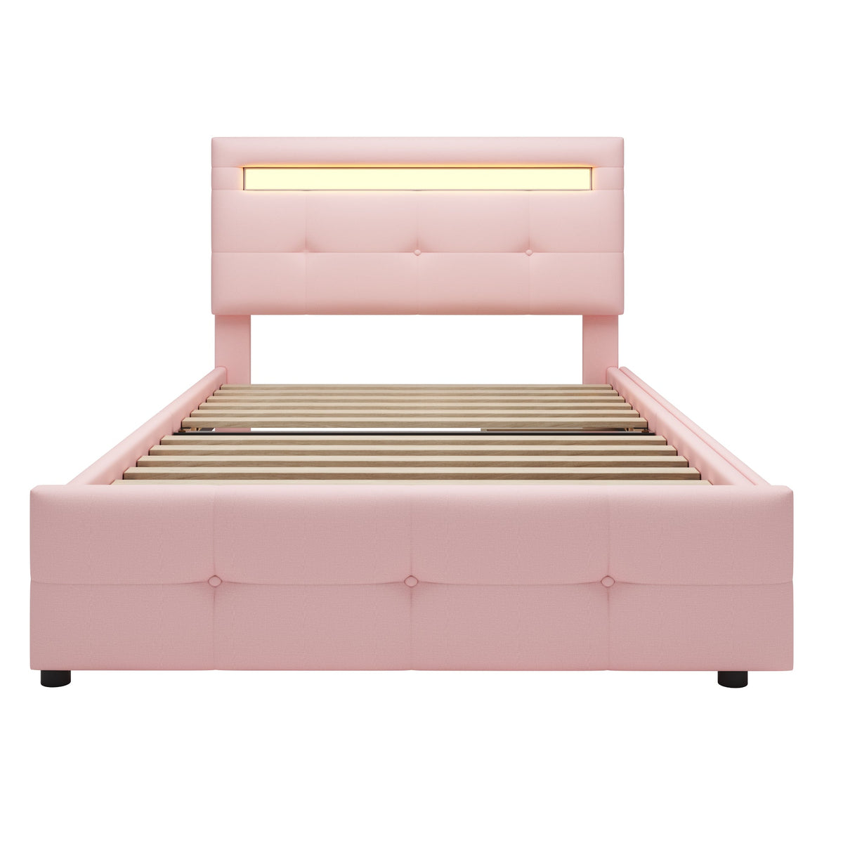 Upholstered Bed, Single with LED Lights & 2 Drawers, Linen Pink