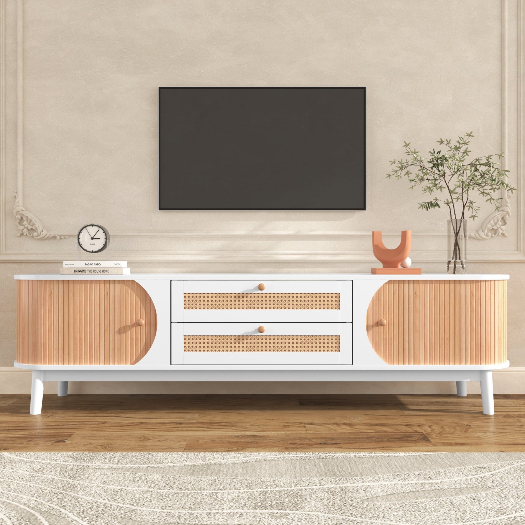 TV Cabinet Wood Blend, Doors Drawers Rattan Sides, Natural Country Style