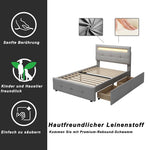 Upholstered Bed 90*200cm, LED Lights, 2 Drawers, Single Bed Linen Upholstery (Grey)