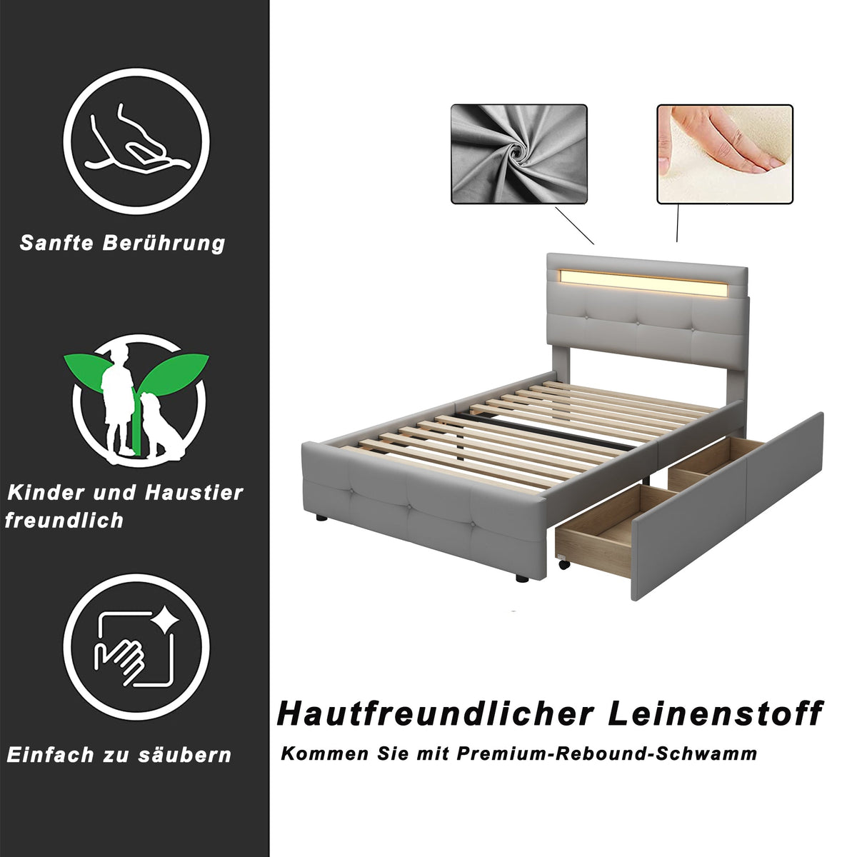 Upholstered Bed 90*200cm, LED Lights, 2 Drawers, Single Bed Linen Upholstery (Grey)