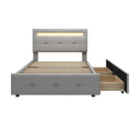 Upholstered Bed, 90x200cm, LED Lights, 2 Drawers, Linen Grey