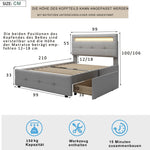 Upholstered Bed 90*200cm, LED Lights, 2 Drawers, Single Bed Linen Upholstery (Grey)