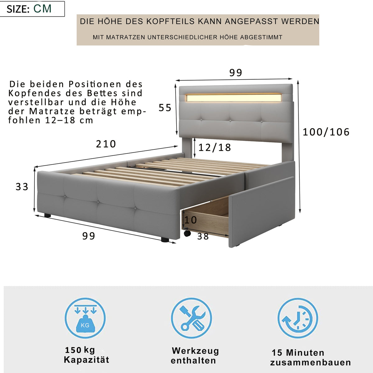 Upholstered Bed 90*200cm, LED Lights, 2 Drawers, Single Bed Linen Upholstery (Grey)
