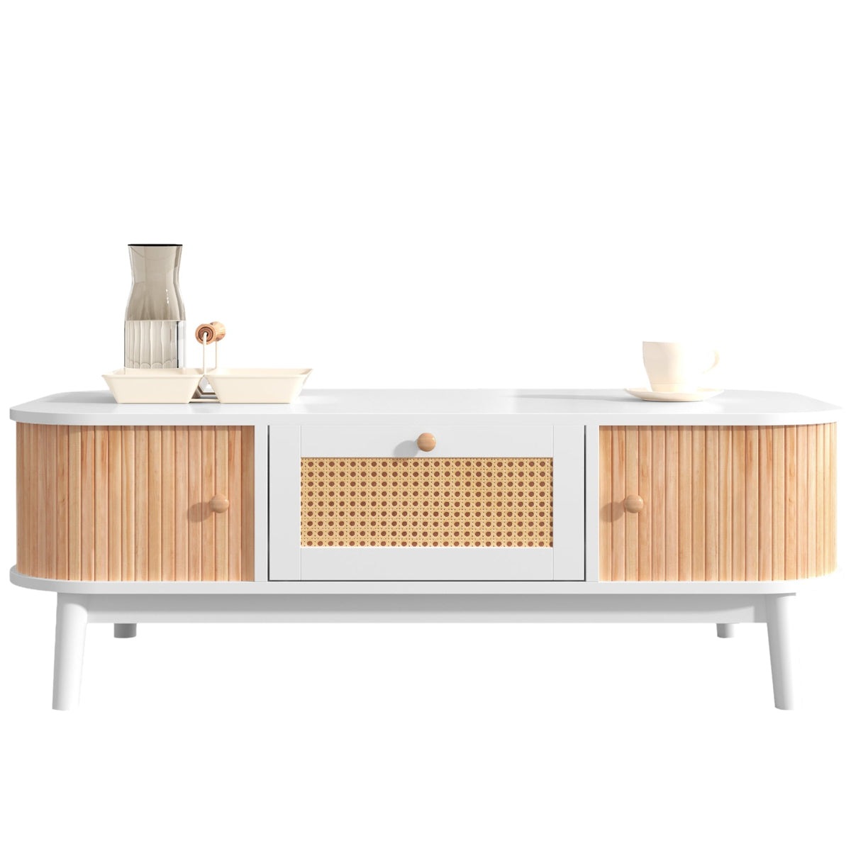 Coffee table rattan, drawers with rattan and solid wood slats, solid wood legs, natural country style.