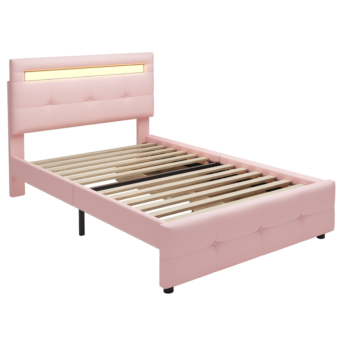 Upholstered Bed, Single with LED Lights & 2 Drawers, Linen Pink