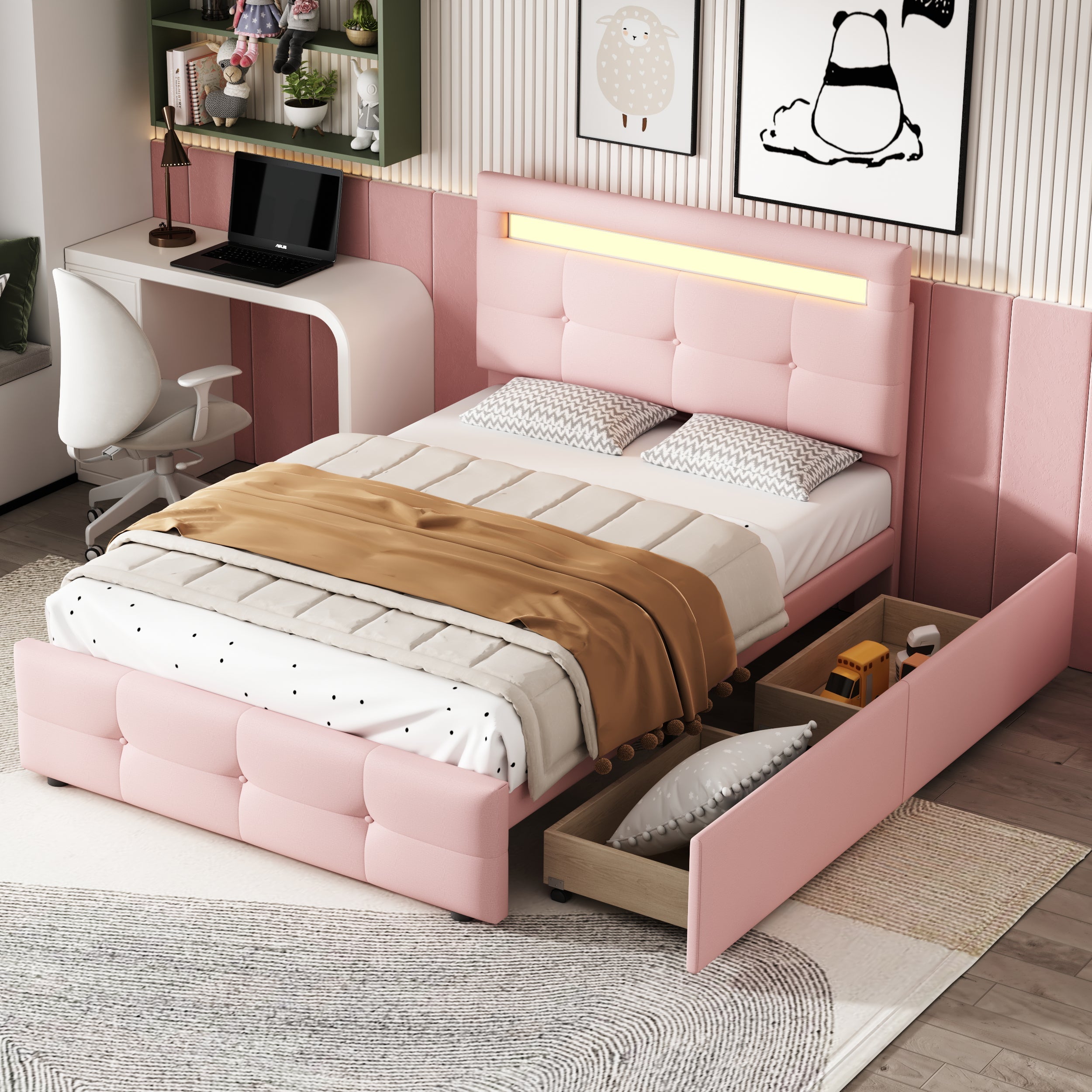 Upholstered Bed, Single with LED Lights & 2 Drawers, Linen Pink