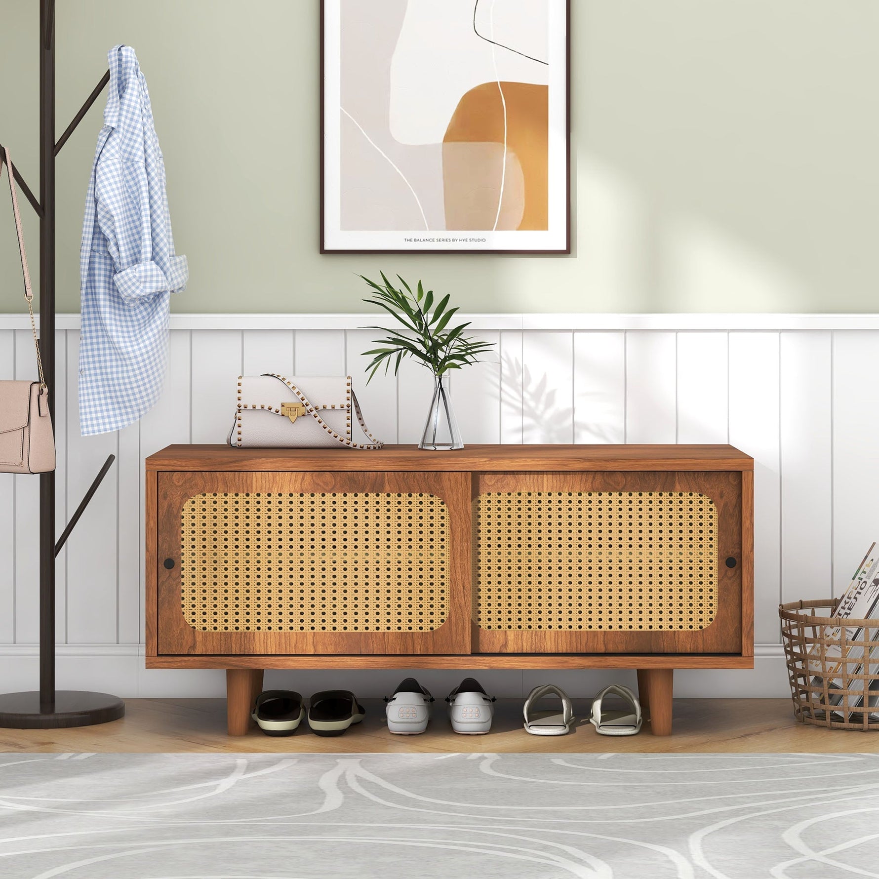 Rattan Shoe Cabinet with Adjustable Shelf, 2 Doors, Walnut Finish