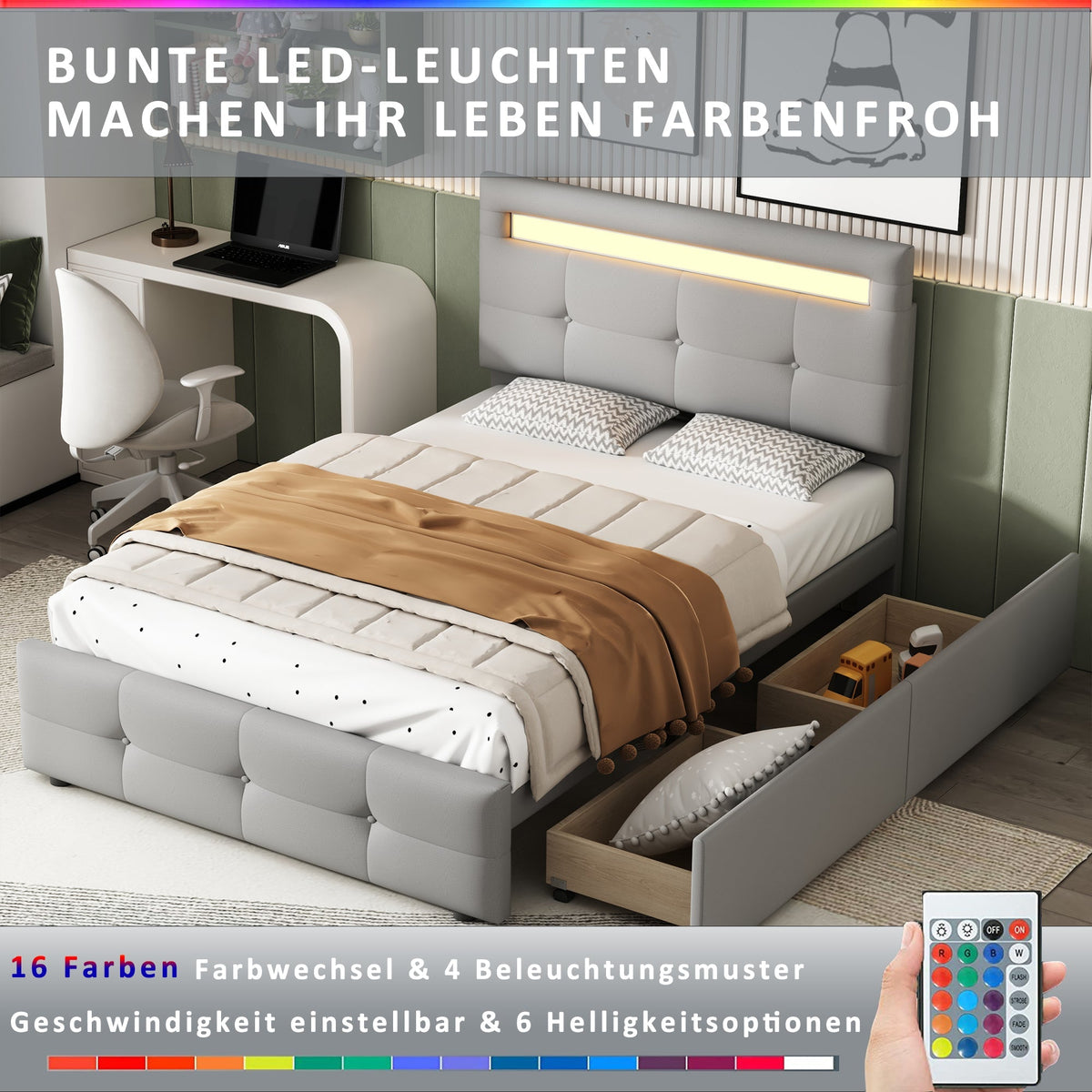 Upholstered Bed, 90x200cm, LED Lights, 2 Drawers, Linen Grey