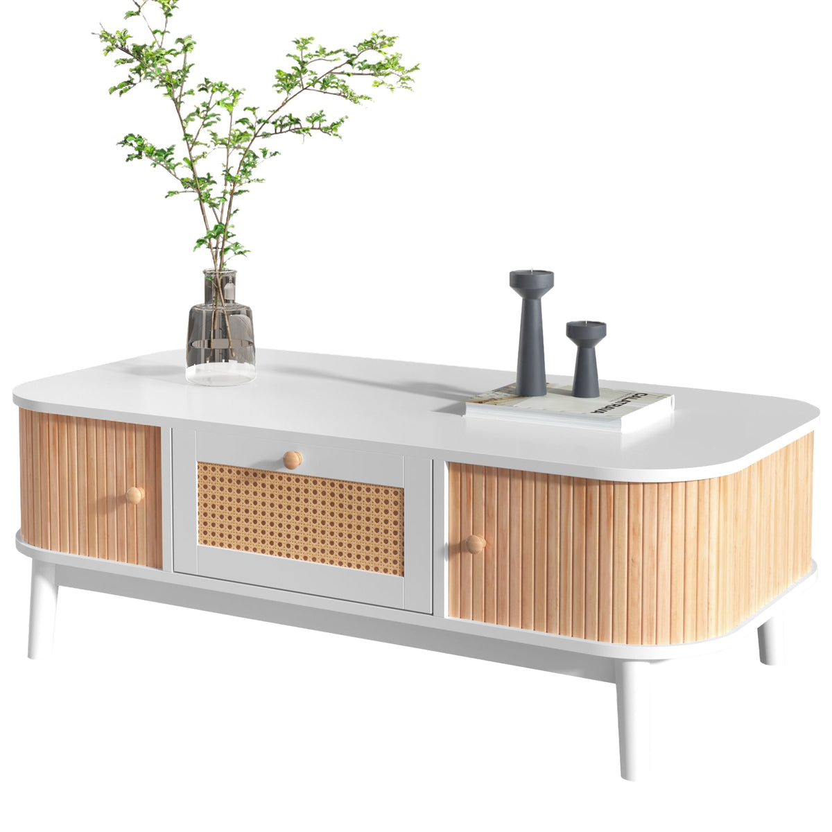 Coffee table rattan, drawers with rattan and solid wood slats, solid wood legs, natural country style.