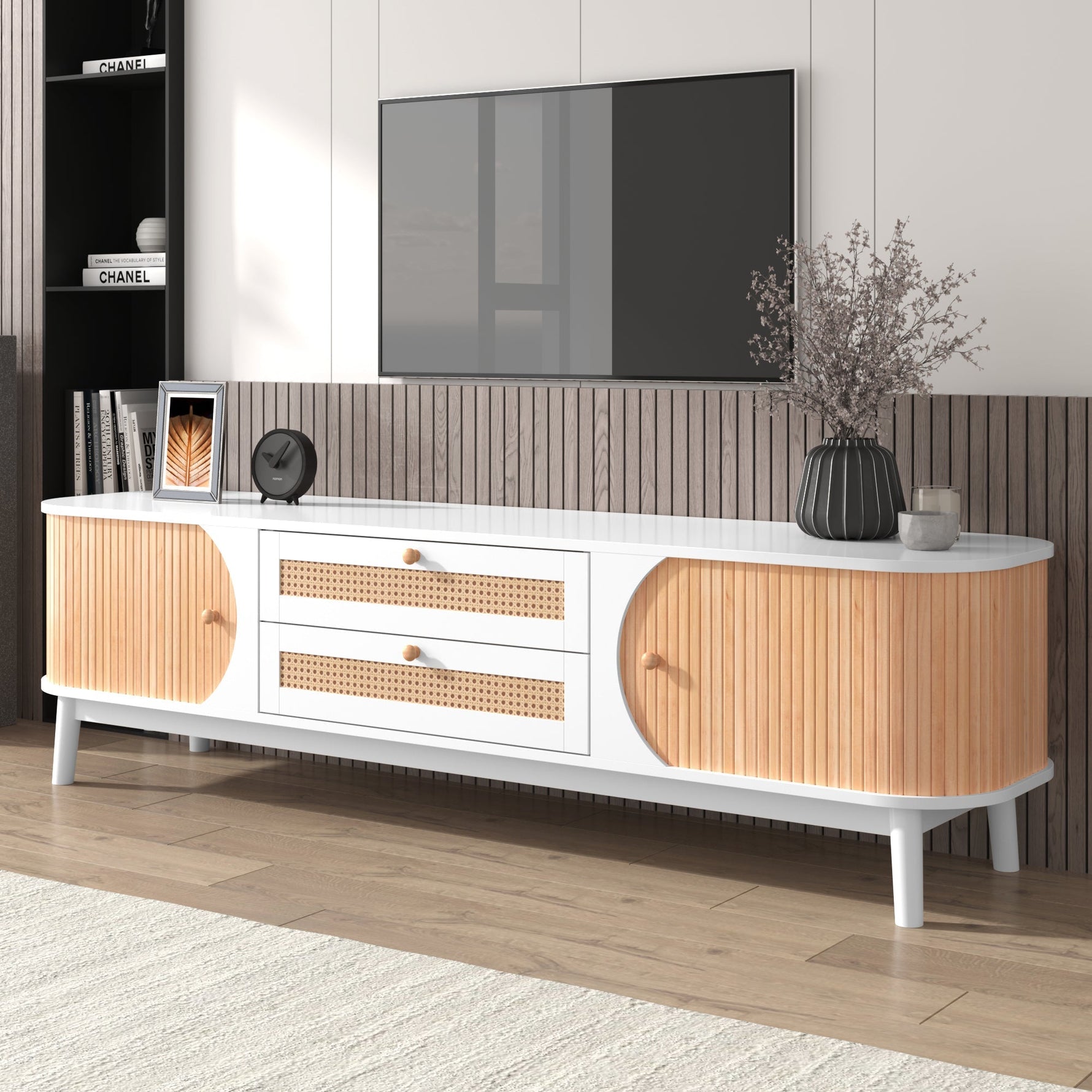 TV Cabinet Wood Blend, Doors Drawers Rattan Sides, Natural Country Style