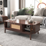 Coffee Table - Rattan, Drawers, Sliding Doors, Solid Wood, Natural Style