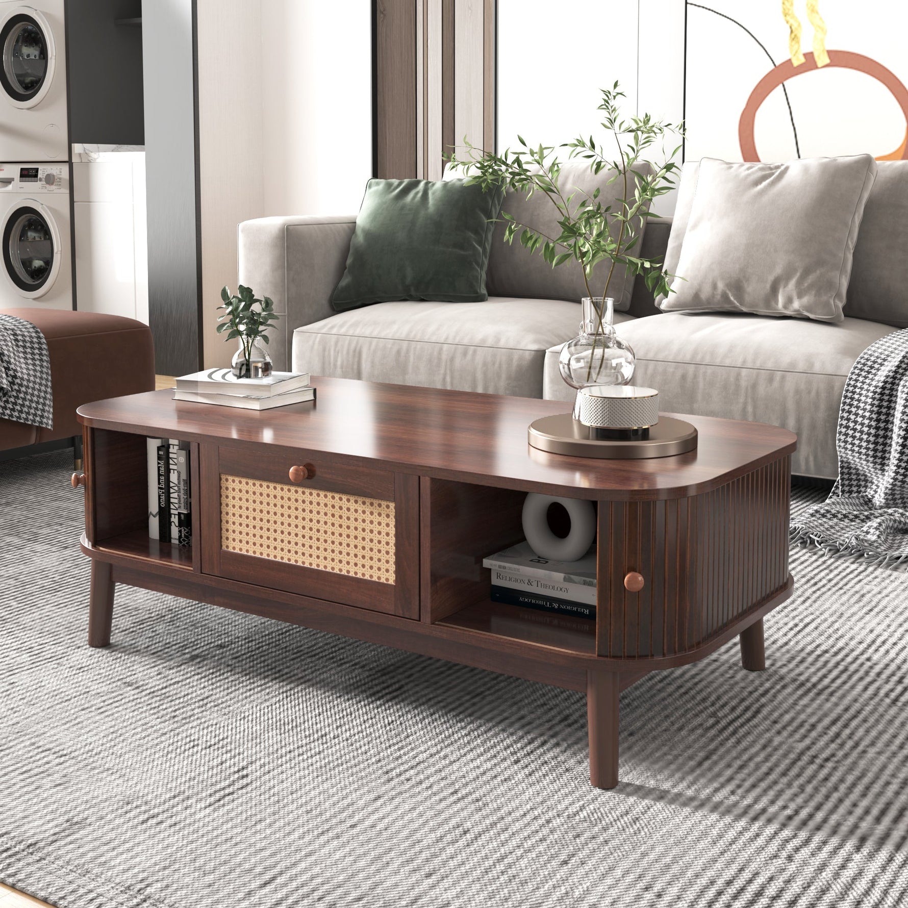 Coffee Table - Rattan, Drawers, Sliding Doors, Solid Wood, Natural Style